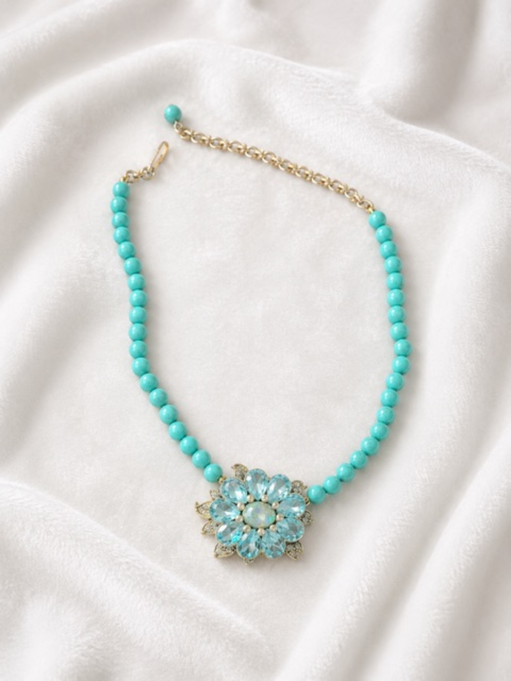 Heidi Daus Turquoise Beaded Necklace with Crystal Floral Pendant